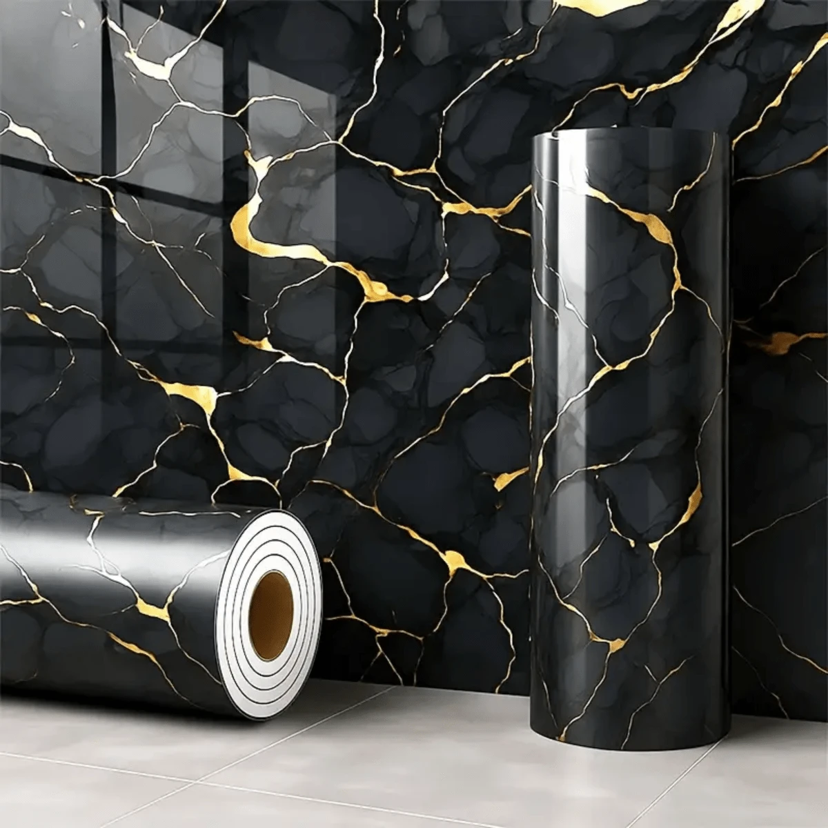 1卷黑色金边大理石纹乙烯基自粘墙纸，可移除，防水，防油，耐热，适用于厨房台面、浴室橱柜和家具装饰 - 易于安装和拆卸，厨房台面保护膜 - 彩色 - 查看 1
