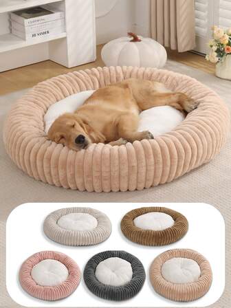  1件装 Langxingcs 冬季保暖宠物圆形窝，高回弹柔软舒适睡眠狗垫，防滑短毛绒底冬季保暖狗床，条纹款可爱柔软猫床，适用于大中小型猫狗