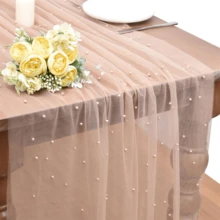 1 pieza Camino de mesa de encaje con perlas romántico, decoración de arco de boda, tela de regalo para despedida de soltera, mantel de encaje con perlas romántico, adecuado para eventos, bordado transparente resistente a las arrugas para mesa de postres
