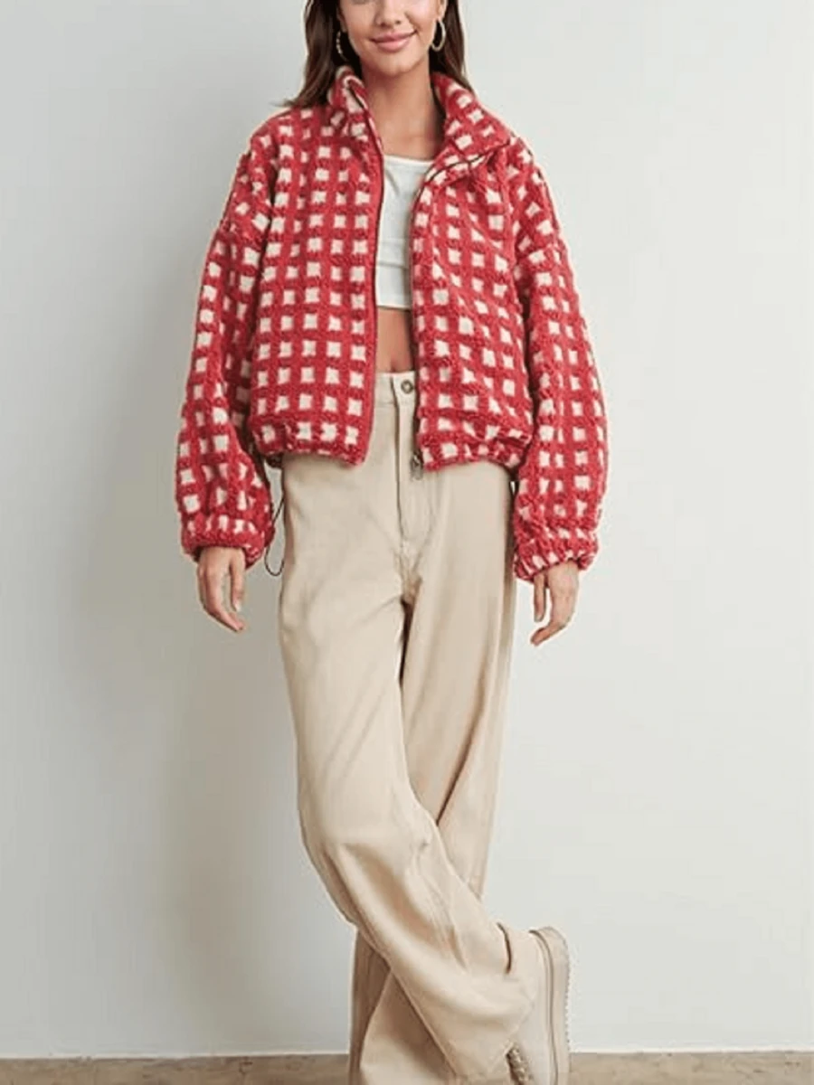 Sherpa Checkered Jacket For Women Plaid Zip Up Fleece Jacket With Pockets Winter Fall Fuzzy Cropped Coats - 紅色 - 查看 1