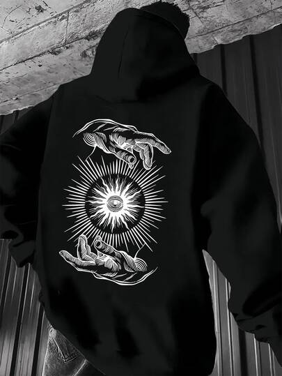 Sudadera con Capucha de Impresión Gráfica Negra para Hombre - Diseño de Rayos y Manos Radiantes, Sudadera Casual de Ajuste Regular para Otoño/Invierno, Lavable aáquina, Ropa de Invierno, Diseño Artístico, Uso Cómodo