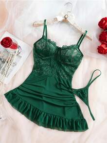 SOFUSEN 2 Pcs Women's Alluring Lace Embroidery Nightie Set - Sheer See-Through Nightgown With Thong And Underwire, Deep V Open Back, Floral Mesh & Ruffle Trim Theme, Bridal Romance And Romantic Nights,Valentine's Day - 墨綠色 - 查看 1