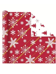 17in X 600in Roll Of Double-Sided Christmas Reindeer & Snowflake Gift Wrapping Paper With Stickers, Suitable For Teens And Family Gifts
