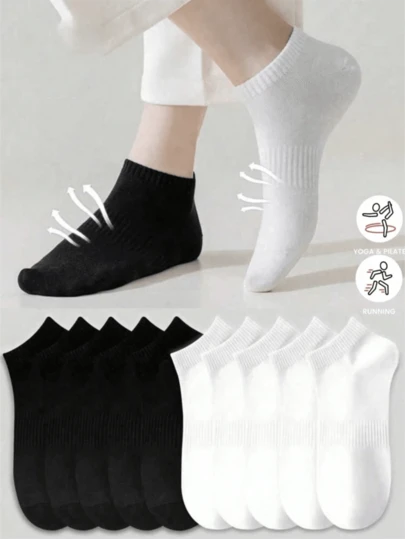 1/5/10 双女士袜子、短袜、白袜子、黑袜子、隐形袜、女士袜子、可爱袜子、女孩袜子、秋冬/春秋/夏袜子、网眼透气细节、导轨透气孔设计、吸湿排汗、柔软顺滑，适合各种节日、运动、休闲、商务等日常穿着，一年四季均可穿着，颜色组合随机。