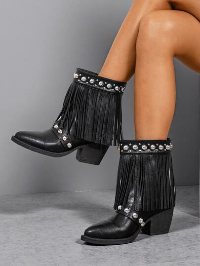 Sexy Side Zipper Party Boots, British Style Plus Size High Heel Black Fashion Boots For Autumn, Brown Fringe Pointed Toe Western Mid-Calf Boots, Grey Rivet Short Boots With Chunky Heels