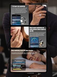 1个智能戒指,可监测心率、血氧、HRV、压力、月经周期、计步、跑步、步行、骑行、瑜伽、爬山、跳绳、游泳、羽毛球、足球、篮球等运动。关爱亲朋,手势控制,远程拍照。睡眠质量检测,佩戴舒适,健康管理专家。通过手机App实时监测数据,全天候健康追踪,守护您的健康,是送给父母的完美礼物。 - 彩色 - 查看 5