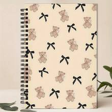 Niedlicher Teddybär & Schleife Design Spiralbindung Notizbuch - Süßes hellbeiges Tagebuch mit schwarzen Schleifen & braunen Bären, kompakte kurze Größe für Schule, Uni, Büro, Frauen, Lehrer, Studenten - Strapazierfähiges Schreib-Tagebuch Geschenk