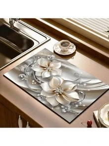 1 件 3D 花卉吸水厨房垫 - 柔软防滑速干硅胶垫，适用于台面、咖啡机和洗碗机，白色和灰色花卉图案，涤纶纤维盖，必备家庭厨房配件，厨房台面垫 | 3D 花卉设计 | 速干材料 - 銀色 - 查看 7