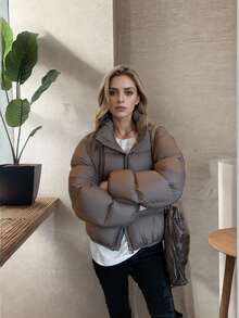 Petite Girl 女式冬季羽绒夹克轻薄绗缝立领长袖宽松拉链纽扣外套 - 巧克力棕 - 查看 7