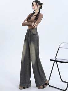 Vintage lavados pantalones vaqueros de pierna ancha mujer principios de otoño nuevo de talle alto americano recto perezoso suelto verano pantalones de arrastre - Azul - Ver 6