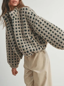 Sherpa Checkered Jacket For Women Plaid Zip Up Fleece Jacket With Pockets Winter Fall Fuzzy Cropped Coats - Green - View 2