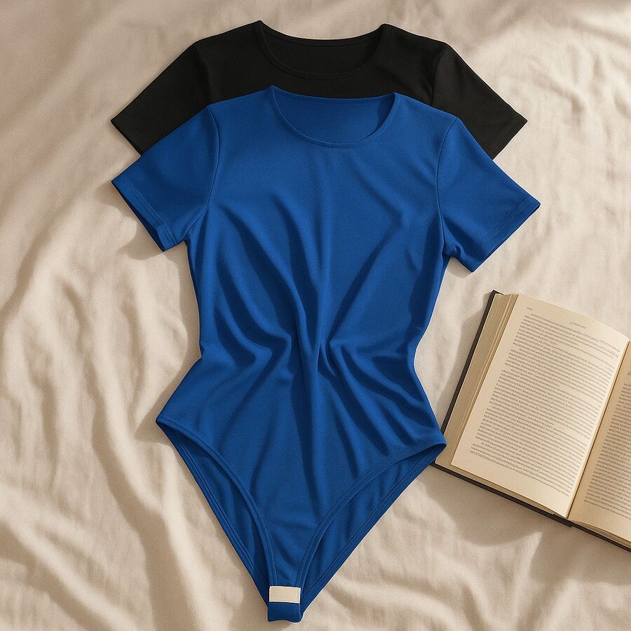 Kit 2 Women's Bodysuit Short Sleeve Elegant Suplex Bodysuit Elegant Casual Look Comfortable Bodysuit Basic And Stylish Fashion Simple Casual Fabric Simple Casual Knitted - 藍黑色 - 查看 1