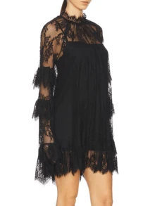 Women's See Through Lace Dress Long Sleeve Crew Neck Casual Loose Sheer Dress Vacation Beach Cocktail Mini Dresses - 黑色 - 查看 4