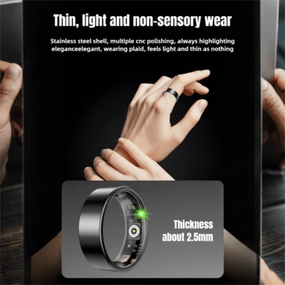 1个智能戒指，可监测心率、血氧、HRV、压力、月经周期、计步、跑步、步行、骑行、瑜伽、爬山、跳绳、游泳、羽毛球、足球、篮球等运动。关爱亲朋，手势控制，远程拍照。睡眠质量检测，佩戴舒适，健康管理专家。通过手机App实时监测数据，全天候健康追踪，守护您的健康，是送给父母的完美礼物。