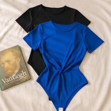 Kit 2 Women's Bodysuit Short Sleeve Elegant Suplex Bodysuit Elegant Casual Look Comfortable Bodysuit Basic And Stylish Fashion Simple Casual Fabric Simple Casual Knitted - 藍黑色 - 查看 2