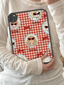 1pc Retro Cute Animal Original Illustration | Brick Red Plaid Pattern Design _ Sweet & Cute Style Shockproof Tablet Case, Built-In 360 Degree Thick Anti-Drop 10th Gen 10.9" Protective Tablet Cover, Portable Leather 10.2" Tablet Protective Case - Multicolor - View 6