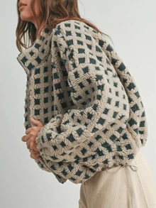 Sherpa Checkered Jacket For Women Plaid Zip Up Fleece Jacket With Pockets Winter Fall Fuzzy Cropped Coats - Green - View 3