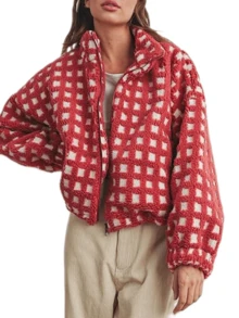 Sherpa Checkered Jacket For Women Plaid Zip Up Fleece Jacket With Pockets Winter Fall Fuzzy Cropped Coats - 紅色 - 查看 4