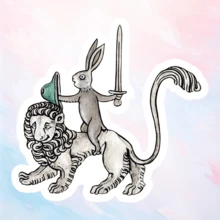 Lustiger mittelalterlicher Ritter-Hase, der auf einem Löwen reitet, Vinyl Aufkleber - verspieltes Fantasy-Design mit Schwert & Schild, Vinyl für Handyhüllen, Laptops, Koffer, Schutzhelme, Trinkgläser - einzigartiges Geschenk