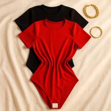 Kit 2 Women's Bodysuit Short Sleeve Elegant Suplex Bodysuit Elegant Casual Look Comfortable Bodysuit Basic And Stylish Fashion Simple Casual Fabric Simple Casual Knitted - 黑色紅色 - 查看 3