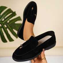 女士休闲绒面革一脚蹬乐福鞋，时尚金属扣装饰，舒适平底鞋 - 黑色 - 查看 13