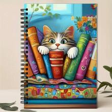 Cuaderno de espiral con tapa dura - 5.5x8.3in, con rayas, con diseño adorable de gatito y pila de libros coloridos, regalo perfecto para mujeres, maestros y estudiantes