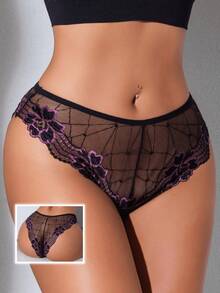 Women's Lace Underwear, Women's Lace Stitched Midriff Triangle Pants, Purple Small Flower Underwear, Women's Underwear And Lingerie - 黑色 - 查看 1