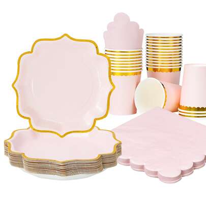 10pcs Pink Floral Disposable Plates, Napkins And Cups Set, Solid Color Floral Theme Paper Plates Cups Tableware For Party, Suitable For 10 Guests, Disposable Paper Plates Party Supplies For Birthday Party, Family Picnic