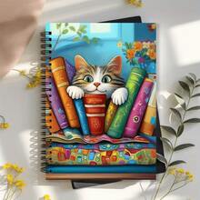 Cuaderno de espiral con tapa dura - 5.5x8.3in, con rayas, con diseño adorable de gatito y pila de libros coloridos, regalo perfecto para mujeres, maestros y estudiantes