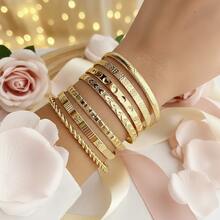7Pcs/Set Gold Jewelry Bracelet Set, Various Patterns Design For Women, Great For Valentine's Day/New Year - 銀色 - 查看 2