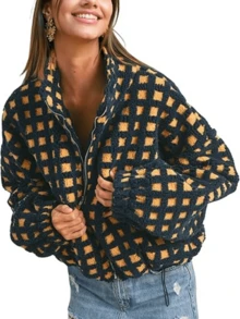 Sherpa Checkered Jacket For Women Plaid Zip Up Fleece Jacket With Pockets Winter Fall Fuzzy Cropped Coats - Navy Blue - View 5