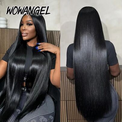 WOWANGEL Peluca frontal de encaje de cabello humano de 250 de alta densidad, de aspecto real y sedoso, cabello liso, de 28 pulgadas, con frontal de encaje completo de 13x6, para mujeres, con línea de cabello natural pre-recortada, sin procesar, con encaje suizo real y cabello humano sin pegamento con cabello de bebé