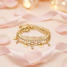 5Pcs/Set Gold Jewelry Bracelet Set, With Water Droplets, Sequins, And Cuban-Style Bracelets Design For Women, Great For Christmas/Halloween/Valentine's Day - Bạc - Xem 9
