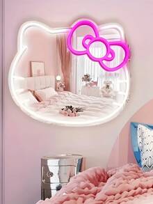 1 szt. Owalne lustro z neonowym oświetleniem LED Hello Kitty z kreskówkową grafiką, lustro ścienne z plastikową ramą zasilane przez USB, ściemnialne oświetlenie dekoracyjne do sypialni, gabinetu, salonu, pokoju dziecięcego, przedpokoju - urocze, kompaktowe lustro toaletkowe z neonowym oświetleniem Hello Kitty zasilane przez USB, montowane na ścianie, z regulowanym oświetleniem
