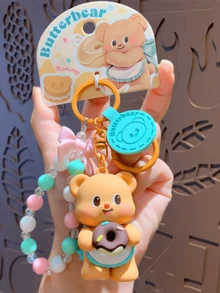 Adorable Butter Bear Keychain Pendant, Cartoon 3D Shape, Cute Butter Bear with Donut, Colorful Beads and Bow, Unique Design for Bag, Purse, or Key Ring, Fun and Whimsical Fashion Accessory for All Ages, Perfect for Daily, Travel, Use, Whimift for Herute Ato7, Cute Ato7, - 奶油小熊 - 查看 6
