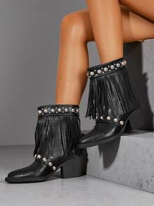 Sexy Side Zipper Party Boots, British Style Plus Size High Heel Black Fashion Boots For Autumn, Brown Fringe Pointed Toe Western Mid-Calf Boots, Grey Rivet Short Boots With Chunky Heels