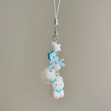 Original Cute Cat Mobile Phone Chain Pendant, Girly Versatile Keychain, Soft Cute Hairball + Exquisite Beaded Pendant, Practical Backpack Pendant, Wholesale Cost-Effective, Daily Matching Shows A Super Healing Feeling - Tay nắm cửa hình mèo con màu xanh - Xem 3