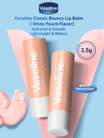 Vaseline 3.5g Classic Moisturizing Lip Balm, Peach Flavor - Hydrating And Smooth, Lightweight And Moisturizing Lip Care, With Supple And Silky Texture, Infused With Selected Peach Essence, Crafted With 7-Step Premium Process, Deeply Nourishing The Lips, Daily Use For Plump And Full Lips.