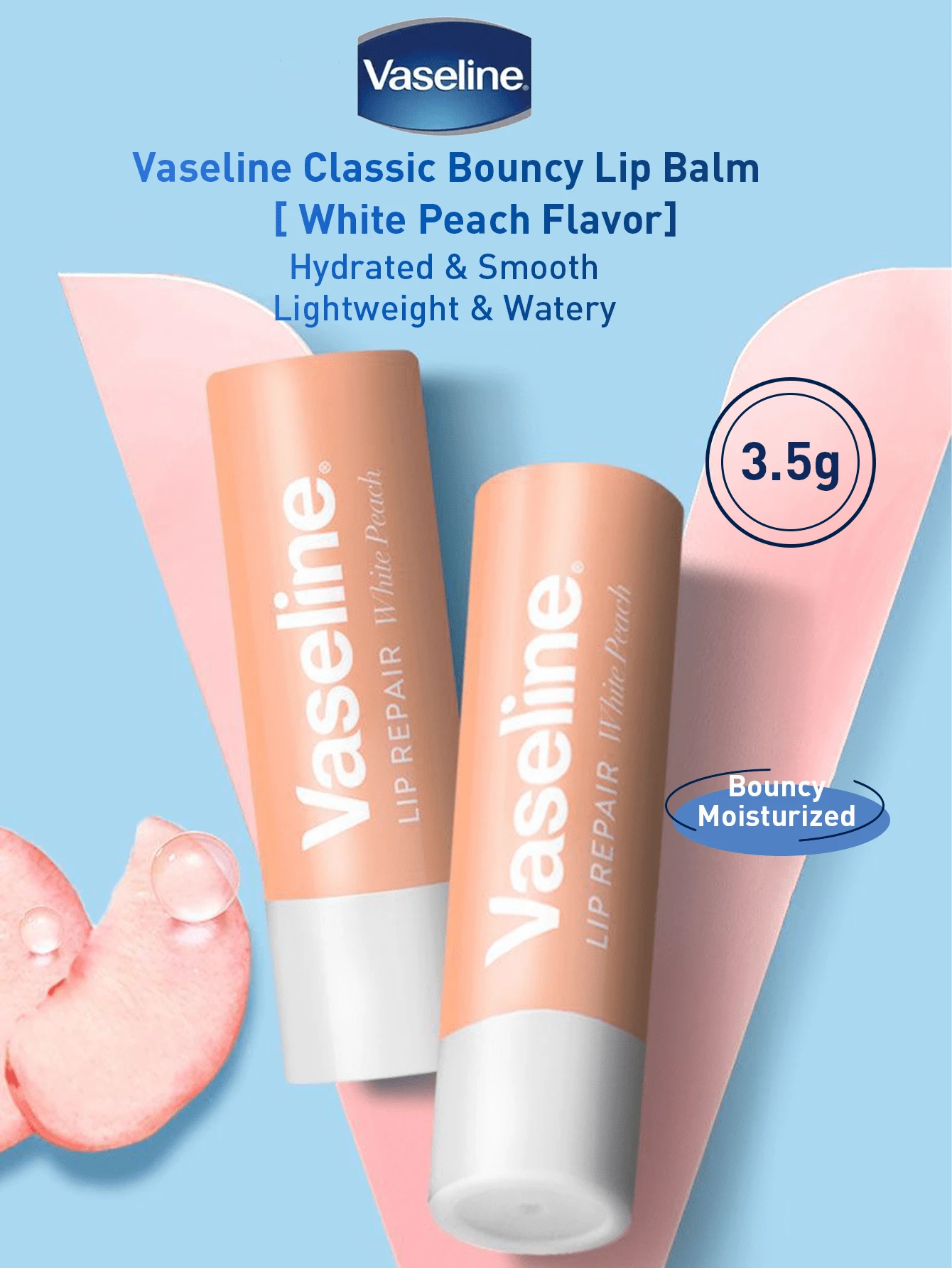 Vaseline 3.5克经典保湿润唇膏，蜜桃味 - 滋润柔滑，轻盈保湿，质地柔软丝滑，蕴含精选蜜桃精华，采用7步高级工艺精心打造，深层滋养双唇，每日使用，令双唇饱满丰盈。 - 凡士林經典修護彈潤潤唇膏-清甜白桃味 - 查看 1