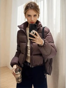 Petite Girl 女式冬季羽绒夹克轻薄绗缝立领长袖宽松拉链纽扣外套 - 巧克力棕 - 查看 4