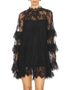 Women's See Through Lace Dress Long Sleeve Crew Neck Casual Loose Sheer Dress Vacation Beach Cocktail Mini Dresses - 黑色 - 查看 3