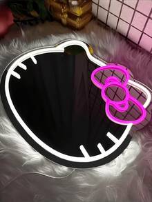 1 szt. Owalne lustro z neonowym oświetleniem LED Hello Kitty z kreskówkową grafiką, lustro ścienne z plastikową ramą zasilane przez USB, ściemnialne oświetlenie dekoracyjne do sypialni, gabinetu, salonu, pokoju dziecięcego, przedpokoju - urocze, kompaktowe lustro toaletkowe z neonowym oświetleniem Hello Kitty zasilane przez USB, montowane na ścianie, z regulowanym oświetleniem