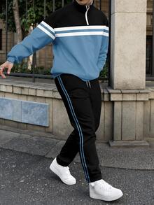Men's Fashion Colorblock Striped Patchwork Half-Zip Sweatshirt And Pants Set, Fall Clothes - 彩色 - 查看 4
