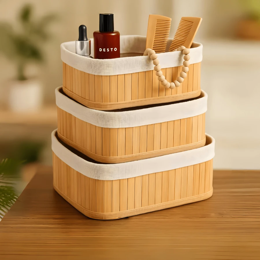 Set Of 3 Multipurpose Bamboo Storage Baskets With Lining - Laundry Basket For Bathroom - Màu vàng - Xem 1