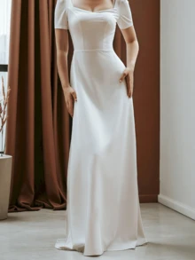 1pc Woman Open Back Wedding Dress, Elegant Minimalist Bow Back Wedding Dress With Short Sleeves, Simple Wedding Dress,White Rustic Crepe Wedding Dress, All Seasons, Elegant And Comfortable, Suitable For Wedding,Party, Singles' Party,Vacation,Bride,Formal Occasions,Dinner Dress,Prom Dress,Homecoming Dress,Cocktail Party,Birthday Party - 白色 - 查看 3