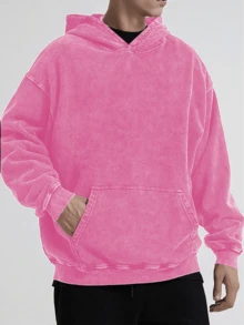 400G Heavyweight Washed Hoodie - Minimalist Solid Color - Streetwear Essential Versatile Daily Wear - 玫紅色 - 查看 2