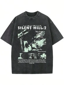Men's Black Silent Hill 2 Game Graphic, Vintage Streetwear Retro Fashion Washing Printed Short Sleeve 230g Cotton T-Shirt, Summer Casual, Unisex - 黑色 - 查看 1