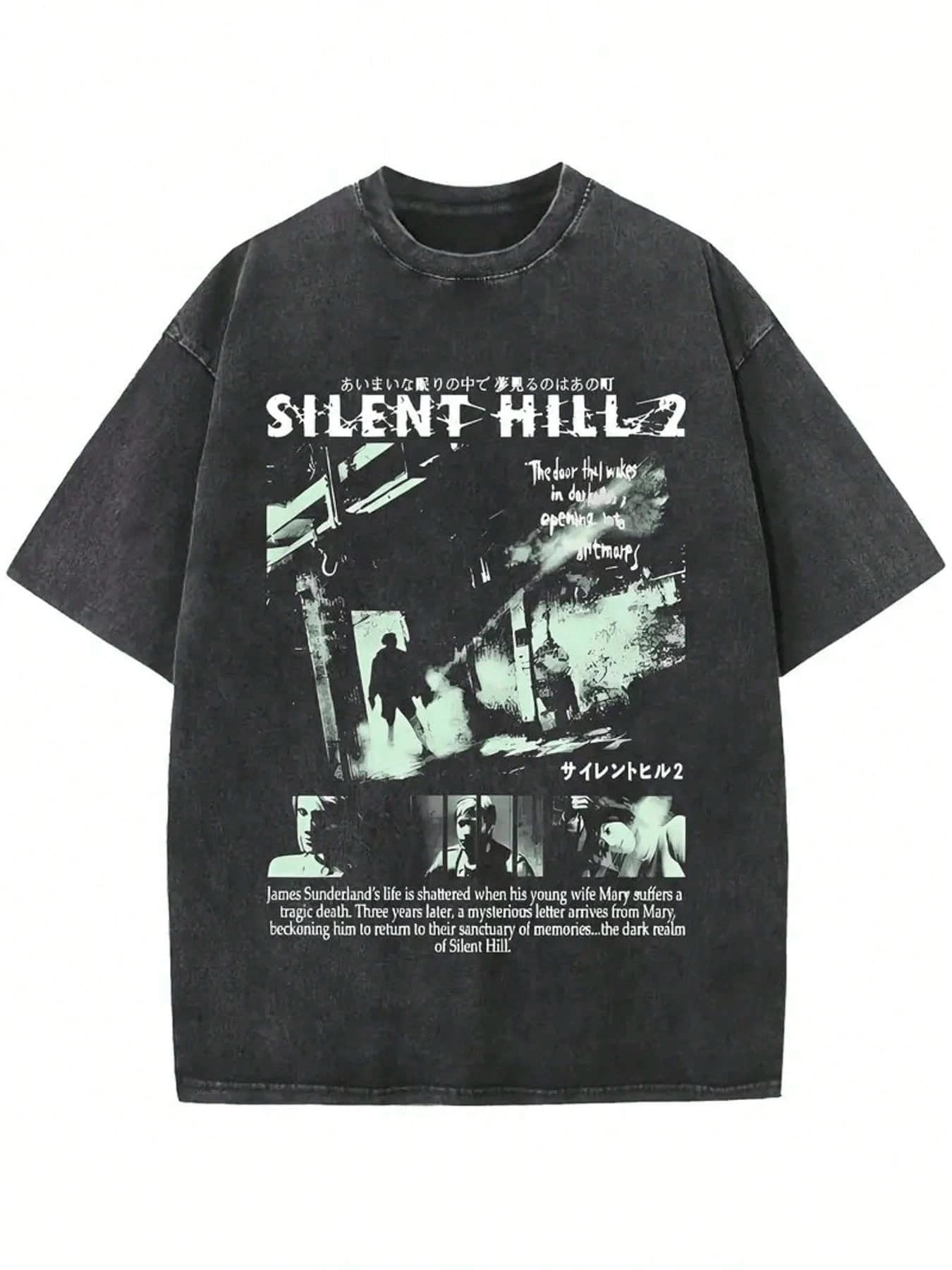 Men's Black Silent Hill 2 Game Graphic, Vintage Streetwear Retro Fashion Washing Printed Short Sleeve 230g Cotton T-Shirt, Summer Casual, Unisex - 黑色 - 查看 1