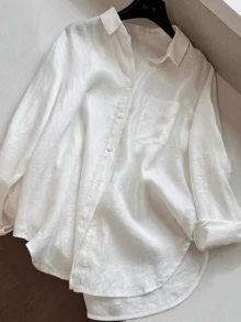 Áo sơ mi nữ màu trơn dáng suông, cài cúc phía trước, vạt cong, màu trắng, thích hợp cho mùa xuân. - trắng - Xem 5