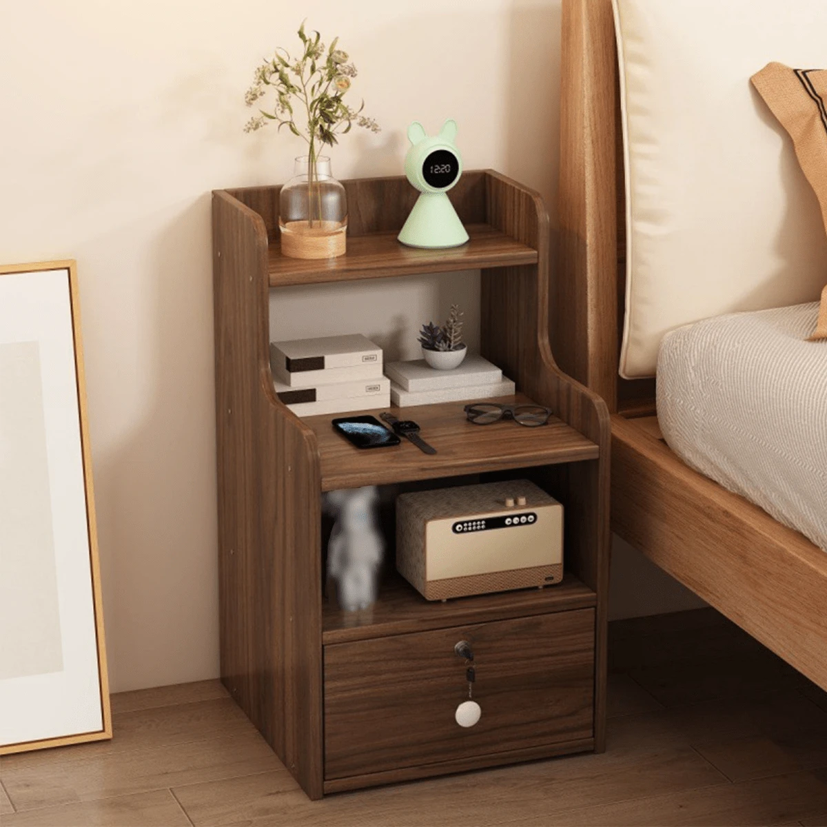 1pc Bedside Cabinet, Bedroom Storage Cabinet With Lock, Small Organizer Rack - Multicolor - View 1